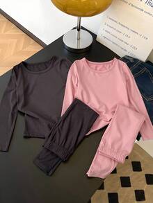 DAZY Young Girl Solid Color Long Sleeve & Long Pants Pajama Set - Multicolor - View 8
