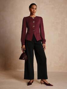 Vesra 女士优雅休闲/办公室不对称金属装饰纽扣长袖衬衫 - 酒紅色 - 查看 5