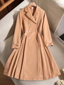 少女时尚双排扣百褶迷你连衣裙 - 駝色 - 查看 1