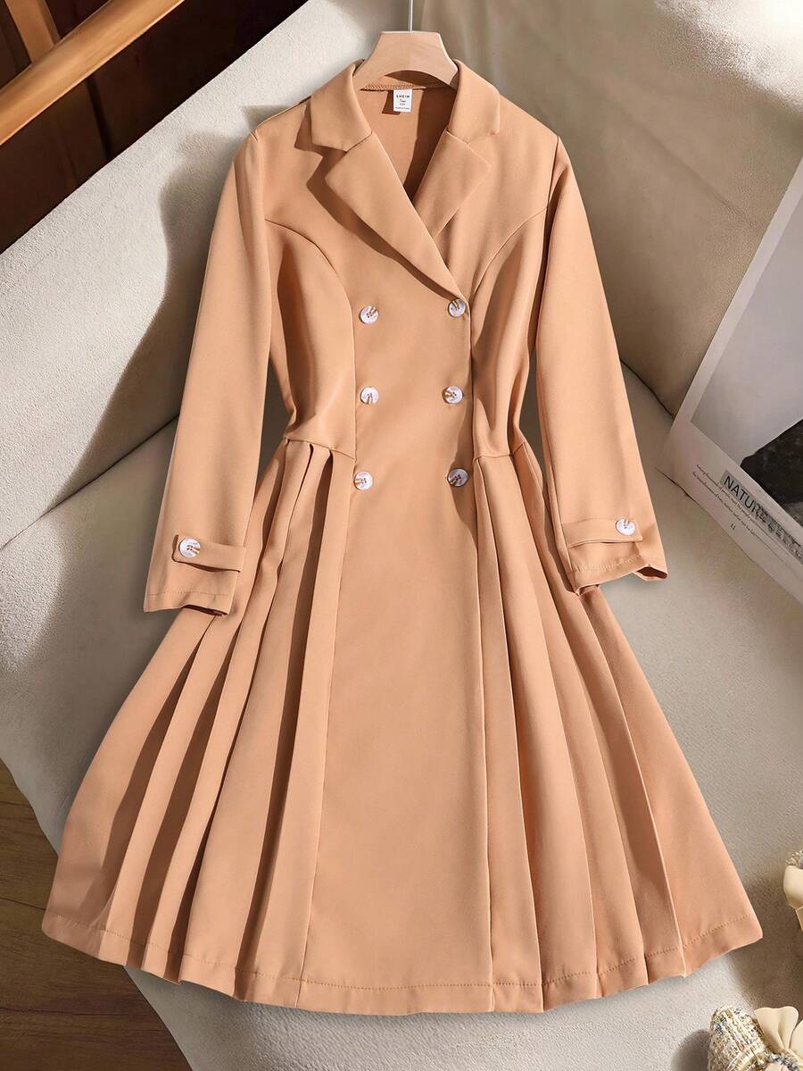 少女时尚双排扣百褶迷你连衣裙 - 駝色 - 查看 1