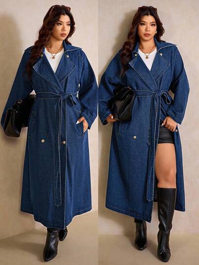 Elaquor 大码女式休闲宽松腰系带牛仔夹克，长袖