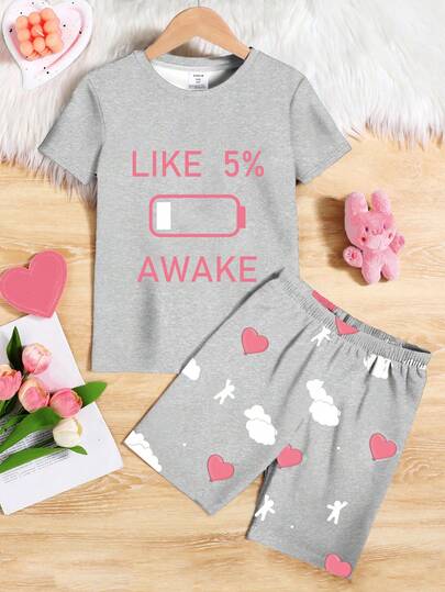 Tween Girls Casual Minimalist Short Sleeve & Shorts Pajama Set, Snug Fit, Suitable For Spring/Summer