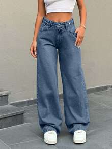 SHEIN Cottnline Low Waist Button Detailed Snow Wash Straight Cut Jean - Baby Blue - View 6
