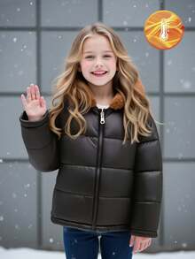 SHEIN Young Girls Black Reversible Zipper Hooded Collar Casual Padded Coat, Winter - Black - View 1