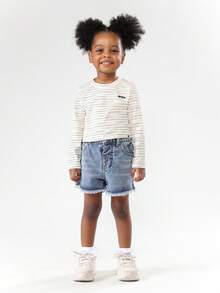 SUMWON Áo thun dài tay kẻ sọc cổ điển cho bé gái, áo thun cổ tròn, áo thun Jersey dệt kim cơ bản, mặc hàng ngày - Màu be - Xem 3