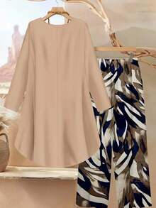 2pcs Set Casual Graffiti Geometric Pattern Women Loose Fit Crew Neck Long Sleeve Top And Pants Suit, Suitable For Spring/Autumn - Multicolor - View 2