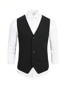 Manfinity Nomadique Men's Solid Black Single-Breasted Casual Business Vest Men's Black V Neck Sleeveless Striped Vest Formal Business Regular Fit Woven Fabric Waistcoat With Pockets Daily Leisure, Weekend Trips, Outdoor Activities, Travel Expeditions, Relaxed Work Environments Or Semi-Formal Occasions,Boyfriend/Husband Gift, Anniversary Gift