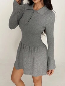 SHEIN MOOSTA Women's Casual Solid Color Half-Zip Knit Dress - Grey - View 3