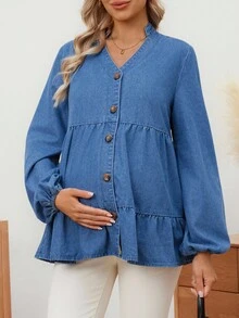 SHEIN Maternity Solid Color Notched Neck Ruffle Hem Long Sleeve Denim Blouse - Blue - View 4