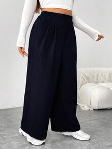 SHEIN Essnce 大码女装秋冬时尚休闲宽松日常舒适复古灰色松紧腰阔腿裤，女式下装，工作裤，秋季服装，老款，复古裤，曲线裤 - 藍色 - 查看 3