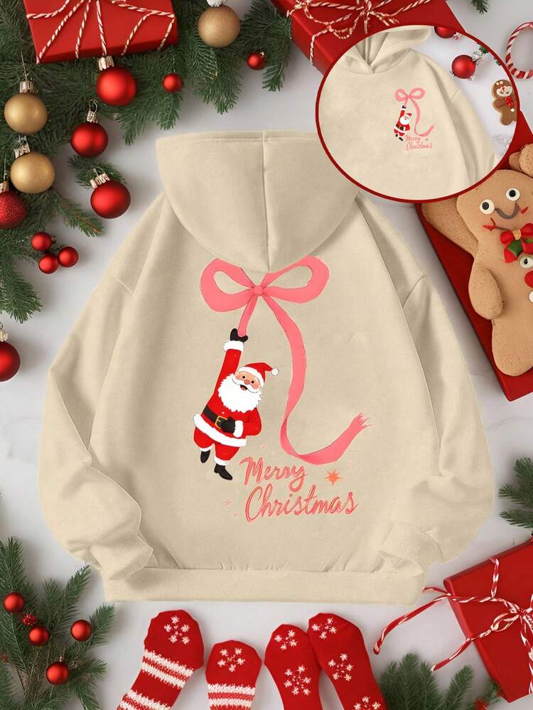 Teen Girl Apricot Pocket Japanese Style Sweatshirt, Bow, Santa Claus, English Text Print, Suitable For Christmas, Outdoor Play, All-Match Versatile Cute Cartoon - Apricot - View 1