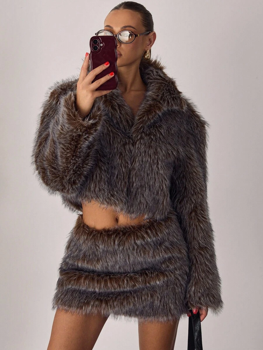 SHEIN BAE Damen Herbst/Winter Lässig Vintage-inspirierter vielseitiger kurzer Minirock mit Fellbesatz, Herbst/Winter, perfekt für Musikfestivals, Dates und lässige Unternehmungen - Schwarz - Übersicht 1