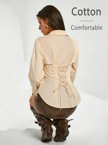 Chiquease Women's Elegant V-Neck Waist Cinched Back Tie Lantern Sleeve 3/4 Sleeve Blouse Formal Clothing - Apricot - View 1