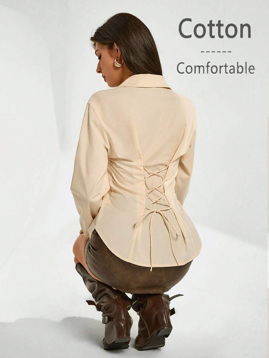 Chiquease Women's Elegant V-Neck Waist Cinched Back Tie Lantern Sleeve 3/4 Sleeve Blouse Formal Clothing - Apricot - View 1