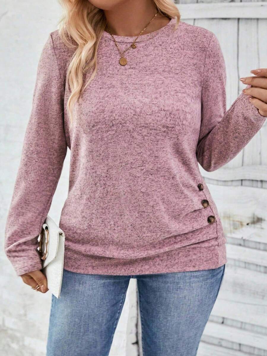 Selamara Plus Size Women Casual Long Sleeve Round Neck Ruched Hem Button Decor T-Shirt, Autumn/Winter - Pink - View 1