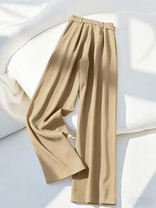 GlowEve Quần ống rộng có túi màu trơn thanh lịch dành cho nữ - Màu Khaki - Xem 2
