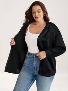 SHEIN LUNE Áo nỉ dài tay rộng rãi, thoải mái cho nữ cỡ lớn - màu đen - Xem 5