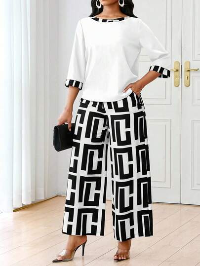 SHEIN Lady Conjunto de 2 piezas de top de manga 3/4 y pantalones con estampado de moda casual para mujer