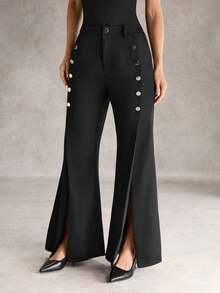 SHEIN Unity Pantalones elegantes de pierna acampanada con bolsillo y decoración de botones de unicolor para mujer - Negro - Ver 5