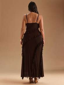 SHEIN BAE Đầm maxi cổ yếm in hoa họa tiết da báo thời trang mùa hè thanh lịch dành cho nữ cỡ lớn, thích hợp cho các buổi hòa nhạc, đi làm tốt nghiệp - Cà phê nâu - Xem 6