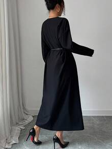 Elenzga Elegant Solid Color Long Sleeve Women Midi Dresses - Black - View 2