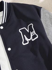 SHEIN Casuvi Kids Áo khoác và quần cổ bóng chày in chữ màu tương phản cho bé trai tuổi teen, trang phục thường ngày, mùa thu - màu đen - Xem 9