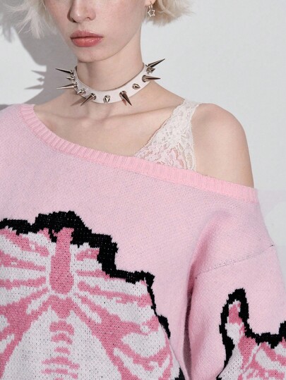 ROMWE Avant Pull en tricot jacquard squelette 2 en 1 avec col oblique et décoration en dentelle pour femmes, style Y2K