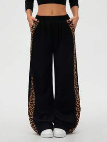 SHEIN LUNE 女式豹纹拼布休闲阔腿裤，秋冬 - 黑色 - 查看 7