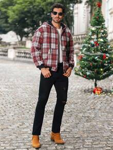 Manfinity CasualCool Men's Autumn Plaid Long Sleeve Zip Front Drawstring Hooded Jacket, Christmas - Multicolor - View 4