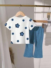 2 件套年轻女孩休闲时尚可爱创意花卉牛仔印花短袖 T 恤和喇叭裤套装，夏季 - 彩色 - 查看 2