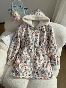 SHEIN 二合一女童花卉人造毛皮和黑色双面长袖风衣夹克，适合秋冬季，中长款外套，可搭配连衣裙、毛衣、高领衫、裤子、裙子 - 彩色 - 查看 8