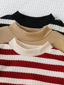 SHEIN 3件套男婴/女婴休闲基本款条纹圆领运动衫，秋冬