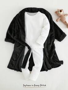 Cozy Pixies Young Boy Thermal-Lined Letter Print Hooded Long Sleeve Belted Robe, Suitable For Home, Bathroom, Beach And Other Occasions, Autumn/Winter - Black - View 3