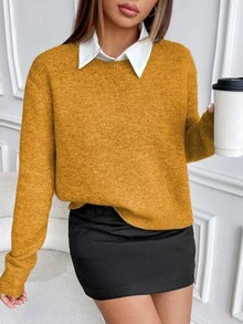 SHEIN Suéter de punto de cuello redondo de manga larga y unicolor de estilo casual - Naranja - Ver 4