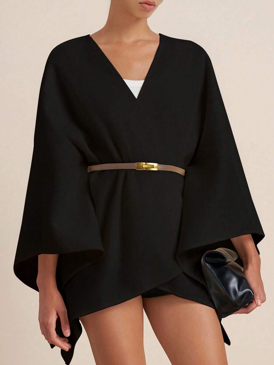 Airaco Women's V-Neck Casual Loose Long Sleeve Regular Jacket With Belt - Black - View 1