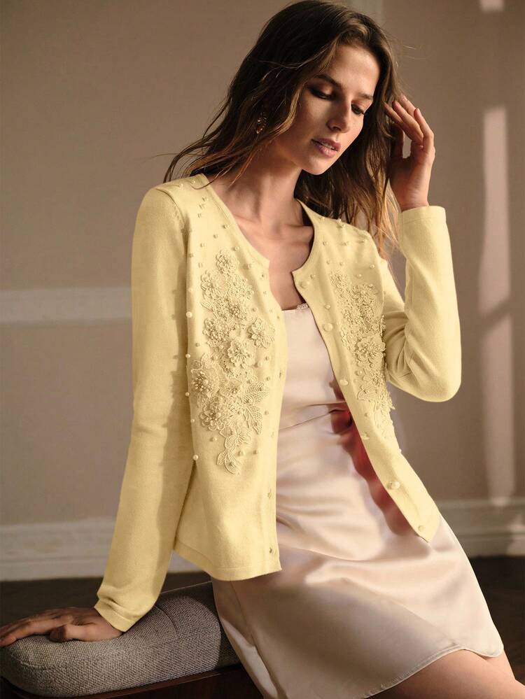 WOMEN'S ELEGANT ROUND NECK FAUX PEARL DECOR CARDIGAN, AUTUMN
