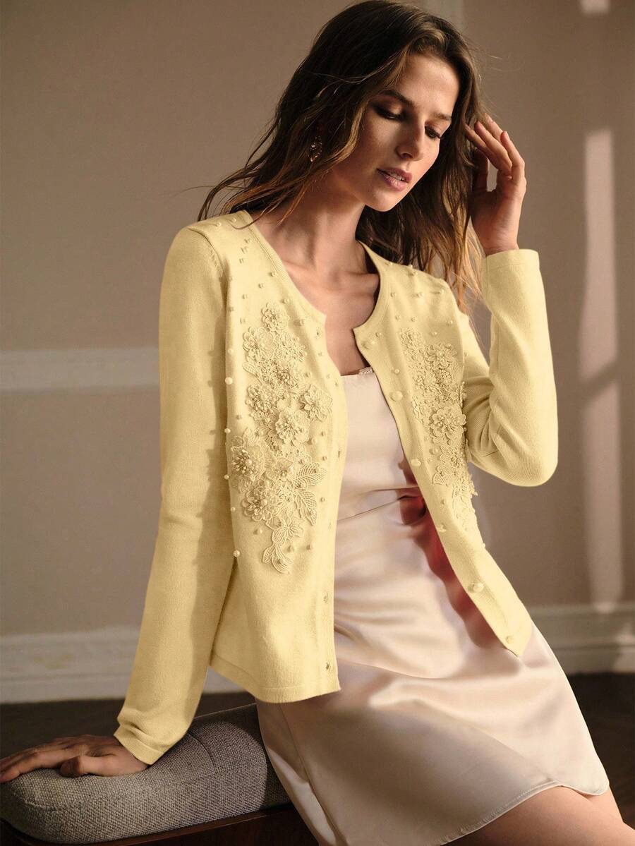 MOTF PREMIUM ÁO KHOÁC CARDIGAN CỔ TRÒN TRANG TRÍ NGỌC TRANG TRÍ CHO NỮ, MÙA THU - Màu be - Xem 1
