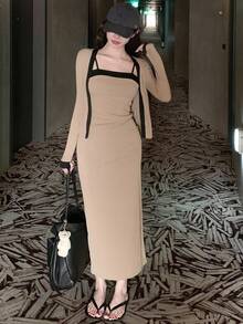 DAZY Women's Contrast Color Slip Dress And Cardigan Set, Elegant, Chic, Sexy, Casual Lounge Sets For Women - Khaki - View 4
