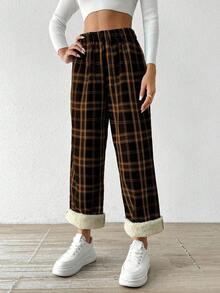 Chiquease 女式休闲条纹印花松紧腰保暖直筒裤，秋冬