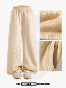 JNSQ Pantalon maxi casual en polaire épaisse et oversize pour préadolescentes, convient pour le port quotidien, les activités extérieures, les vacances, le streetwear, les fêtes et les loisirs