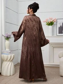 Yasmyna Elegant Tie-Front Long Sleeve Jacquard Satin Abaya Robe For Women