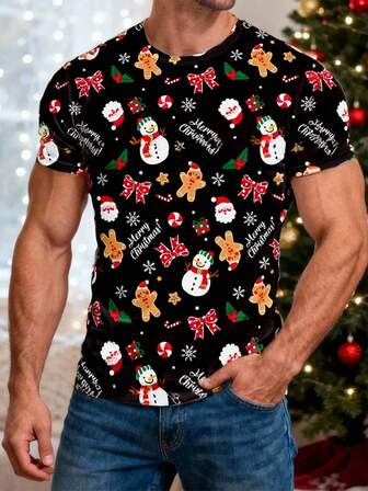 Manfinity RelaxMax Plus Size Men's Gingerbread Man & Snowman Print Crew Neck Short Sleeve Casual T-Shirt