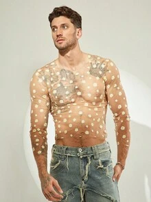 FeverCity Men's Sexy Sheer Round Neck Long Sleeve T-Shirt