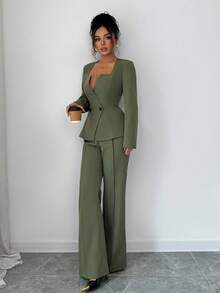 Elenzga 2pcs Women Asymmetrical Collar Cinched Waist Jacket And Straight Leg Pants Set, Elegant & Romantic - Army Green - View 4