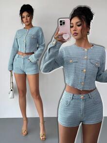Siren Gaze Women's Light Blue Denim Suit Elegant Long-Sleeved Small Jacket + Mini Shorts French Exquisite Jacquard Denim Autumn And Winter Ins Wear - Medium Wash - View 3