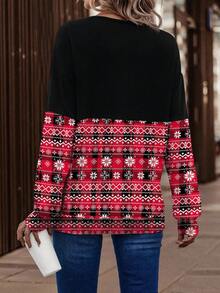 EMERY ROSE Women's Autumn/Winter New Criss-Cross Collar Design Christmas Element Print Patchwork Sweatshirt - Multicolor - View 2