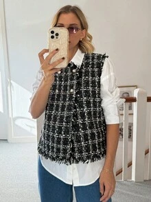 Vivie Lora Women's Loose Fit Double-Breasted Plaid Fringe Casual Knit Vest - Black - View 3