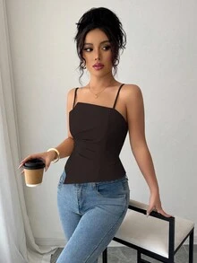 Selianne Áo ba lỗ nữ thiết kế xếp ly thanh lịch và dễ thương - màu nâu - Xem 3