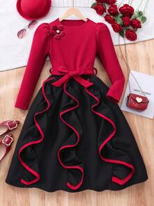 Tween Girl Floral 3D Decor Contrast Color Round Neck Long Sleeve Ruffle Hem Elegant Dress - Multicolor - View 3