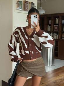 Muchica Brown Sweater V-Neck Dropped Shoulder Pattern Knitted Cardigan With Wrist-Length Sleeves, Bold Style Zebra Print Cardigan Women's Cropped Cardigan Women's Striped Cardigan Women's Animal Print Cardigan Women's Cropped Cardigan Sweater, Women's Autumn Clothing - Multicolor - View 4